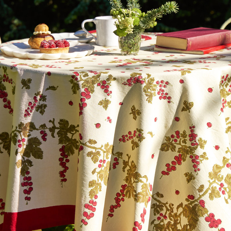Ivory and Red Floral Round Fabric Tablecloth