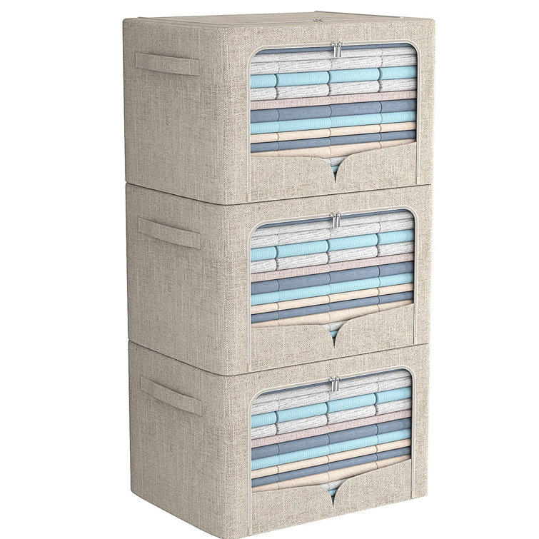 Beige Foldable Fabric Storage Bins with Clear Window, Set of 3