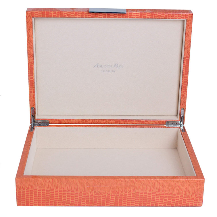 Orange Croc Lacquered Hinged Rectangular Box with Faux Leather Interior