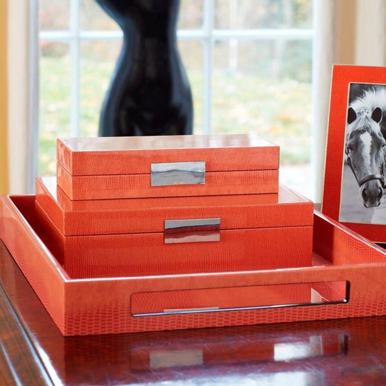 Orange Croc Lacquered Hinged Rectangular Box with Faux Leather Interior