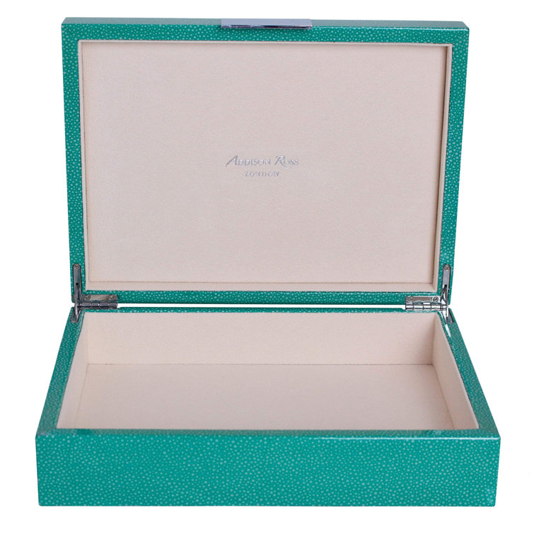 Green Lacquer Hinged Jewelry Storage Box with Faux Leather Interior