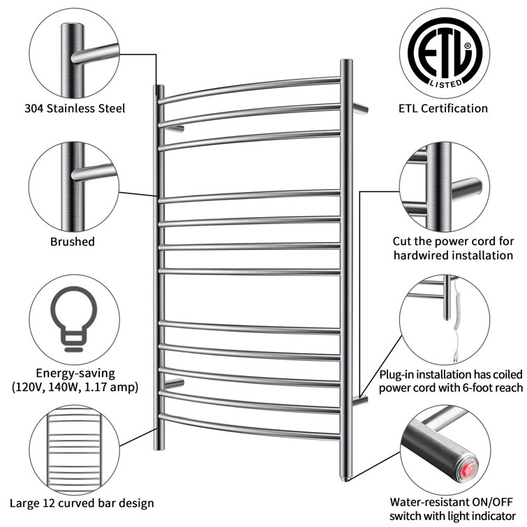 Brushed Stainless Steel Wall Mounted Towel Warmer