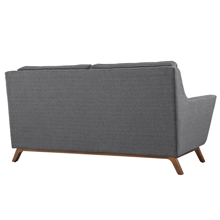 Gray Tufted Fabric Loveseat with Walnut-Stained Base