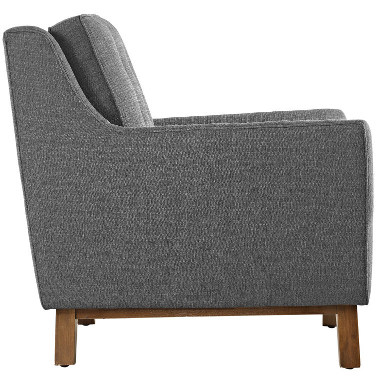 Gray Tufted Fabric Loveseat with Walnut-Stained Base