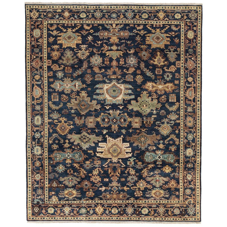 Navy Blue and Brown Hand-Knotted Wool Geometric Rug 6' x 9'