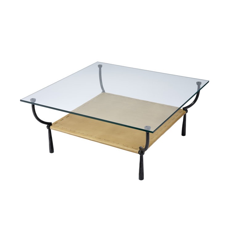 Doris 39" Black Glass Coffee Table with Leather Shelf