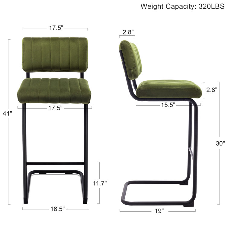 Olive Green Velvet Upholstered Bar Stools with Steel Frame, Set of 2