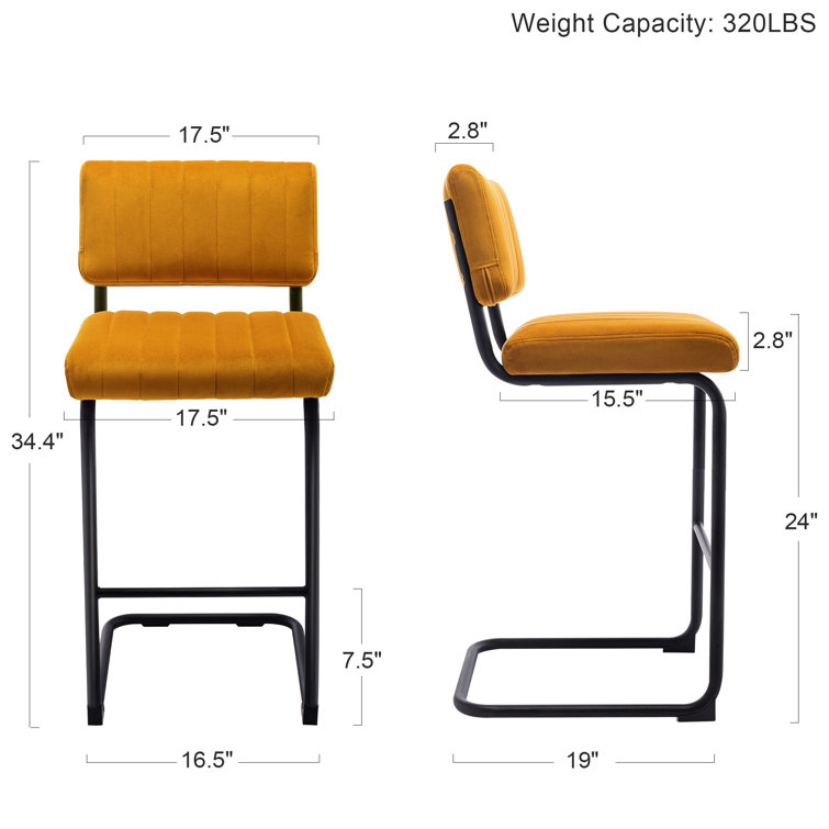 Orange Velvet Upholstered Counter Stools with Steel Frame, Set of 2