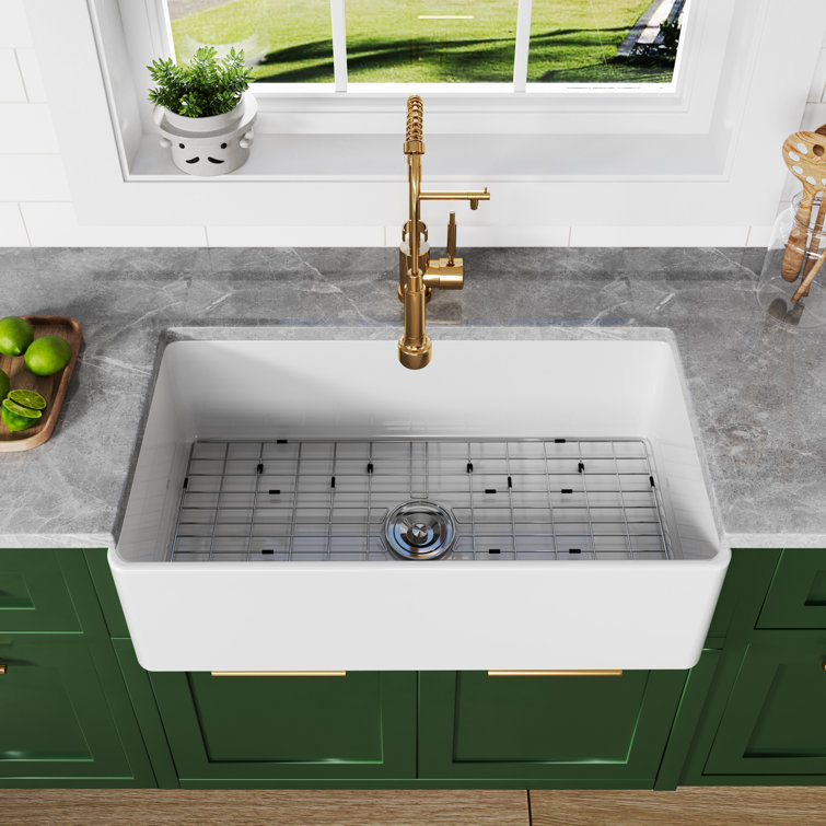 Athena 33" L x 18" W Farmhouse Kitchen Sink with Sink Grid and Basket Strainer
