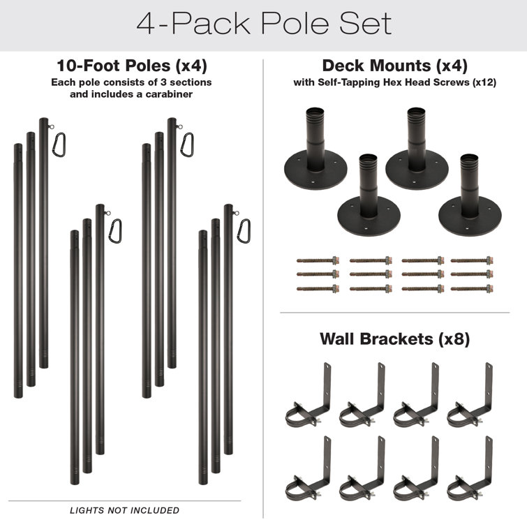 Black Steel 10-Foot String Light Poles Multipack for Deck Mount