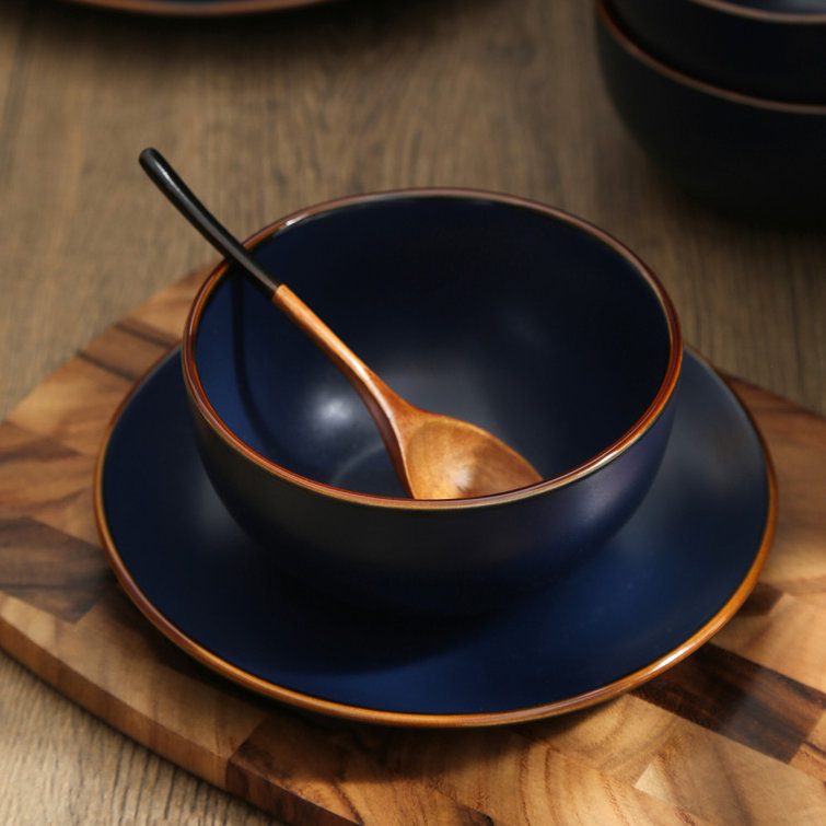 Blue and White Ceramic 16-Piece Dinnerware Set with Metallic Band