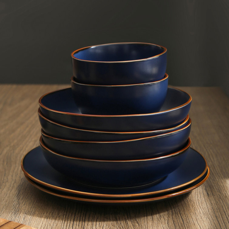 Blue and White Ceramic 16-Piece Dinnerware Set with Metallic Band
