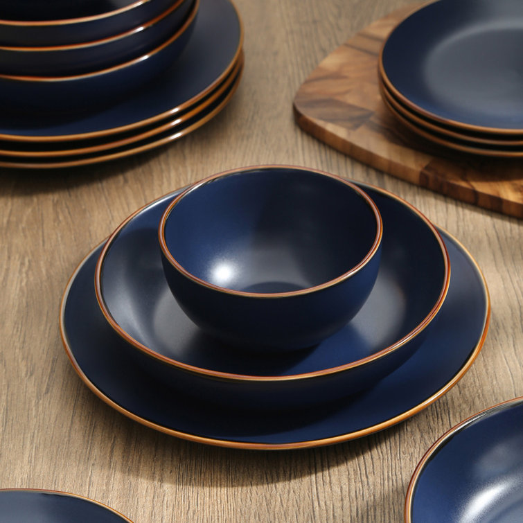 Blue and White Ceramic 16-Piece Dinnerware Set with Metallic Band