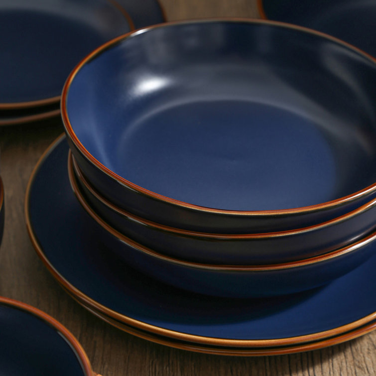 Blue and White Ceramic 16-Piece Dinnerware Set with Metallic Band