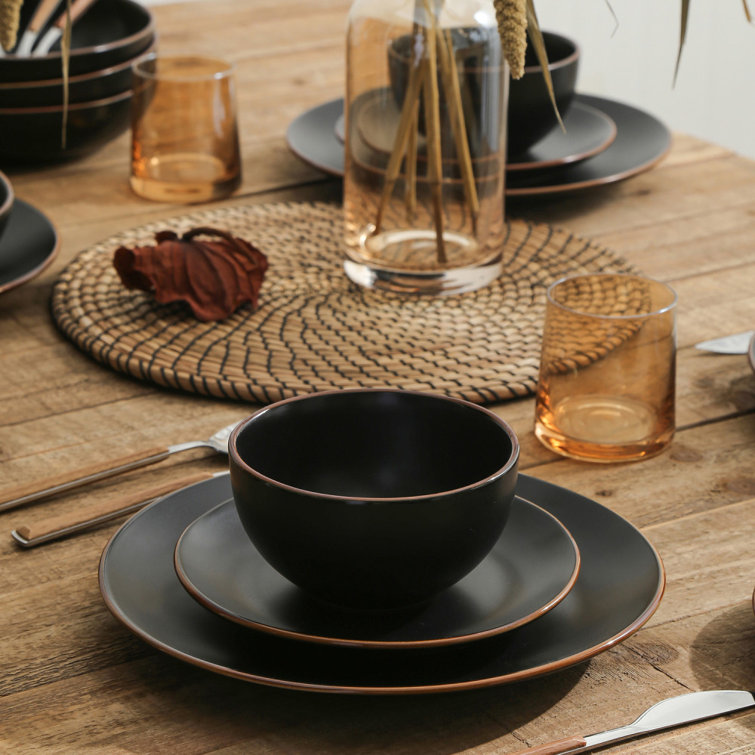 Black and White Ceramic 16-Piece Dinnerware Set with Gold Detailing