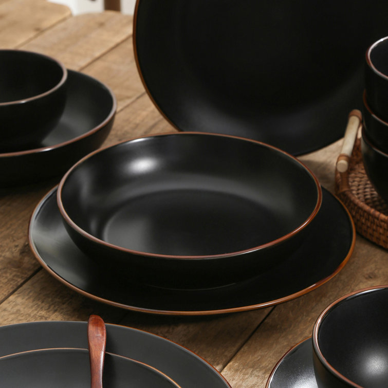 Black and White Ceramic 16-Piece Dinnerware Set with Gold Detailing