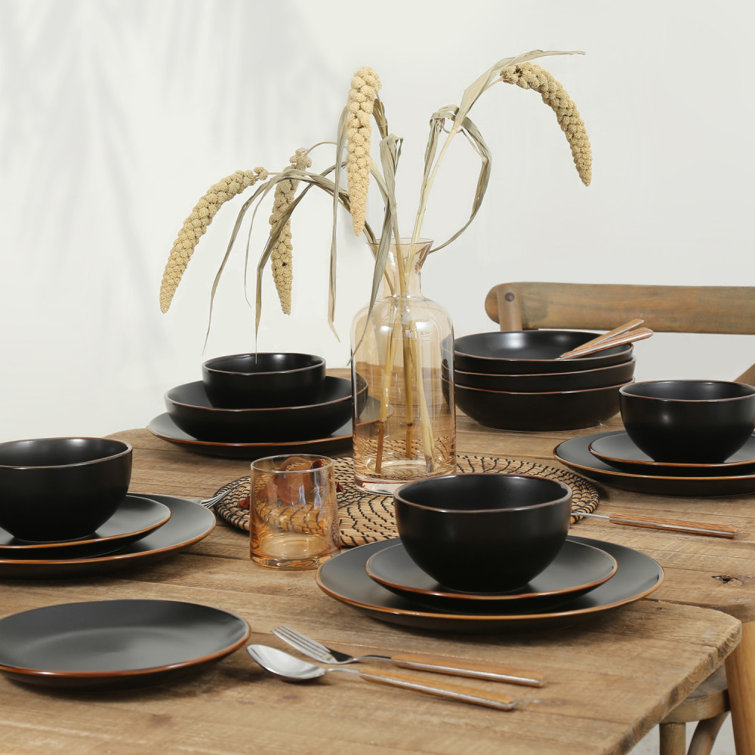 Black and White Ceramic 16-Piece Dinnerware Set with Gold Detailing