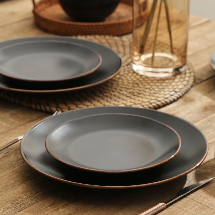 Black and White Ceramic 16-Piece Dinnerware Set with Gold Detailing