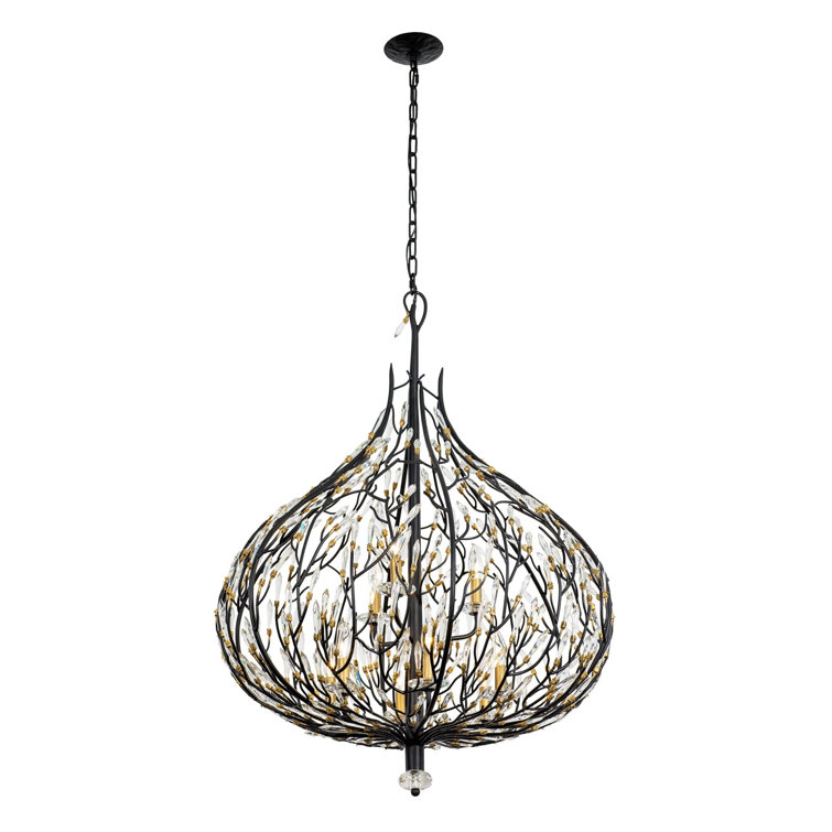 42" Matte Black and Gold Crystal Teardrop Pendant Light