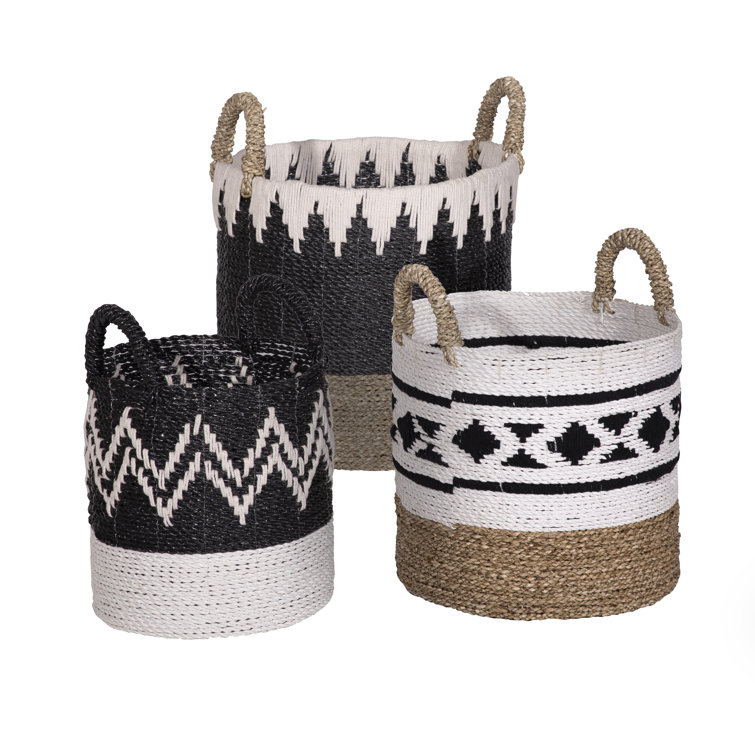 Handwoven Black and White Seagrass Round Nesting Baskets Set