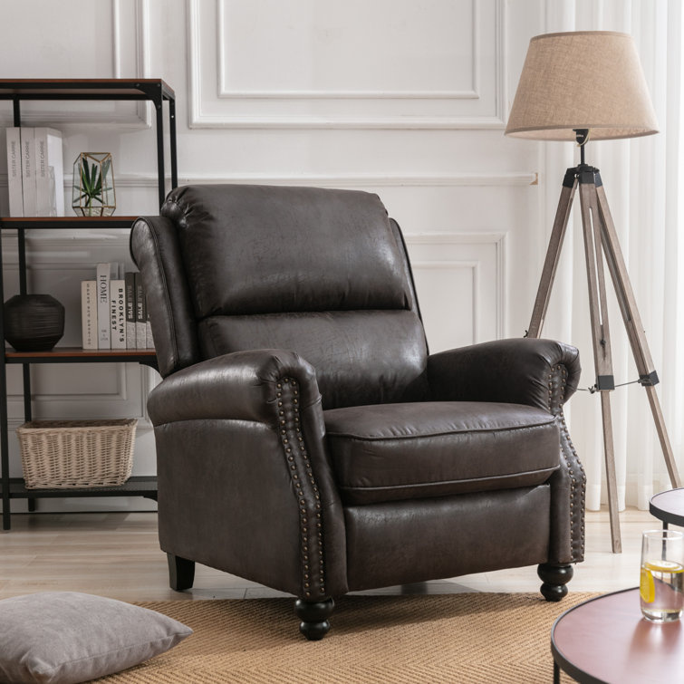 Gray Faux Leather Pushback Recliner with Rivet Decoration