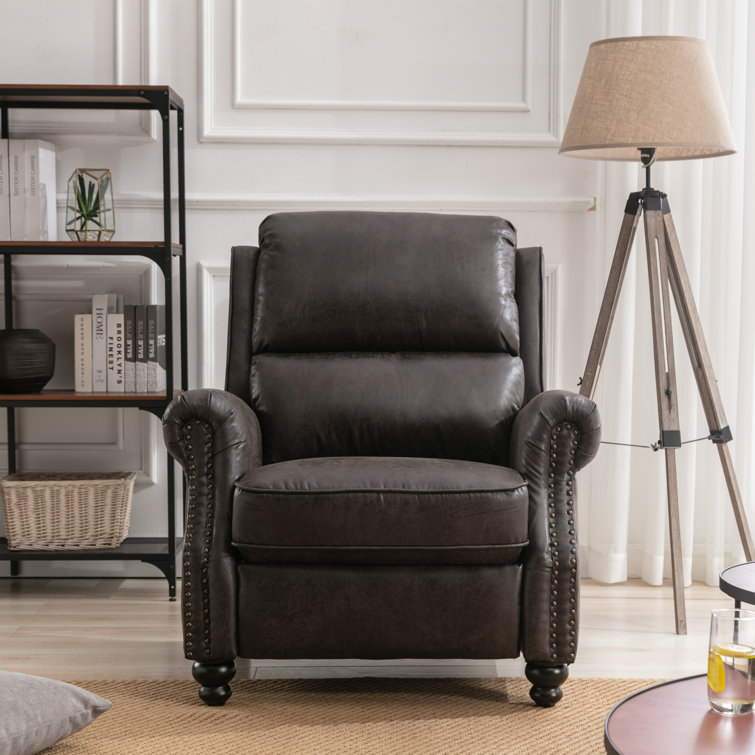 Gray Faux Leather Pushback Recliner with Rivet Decoration