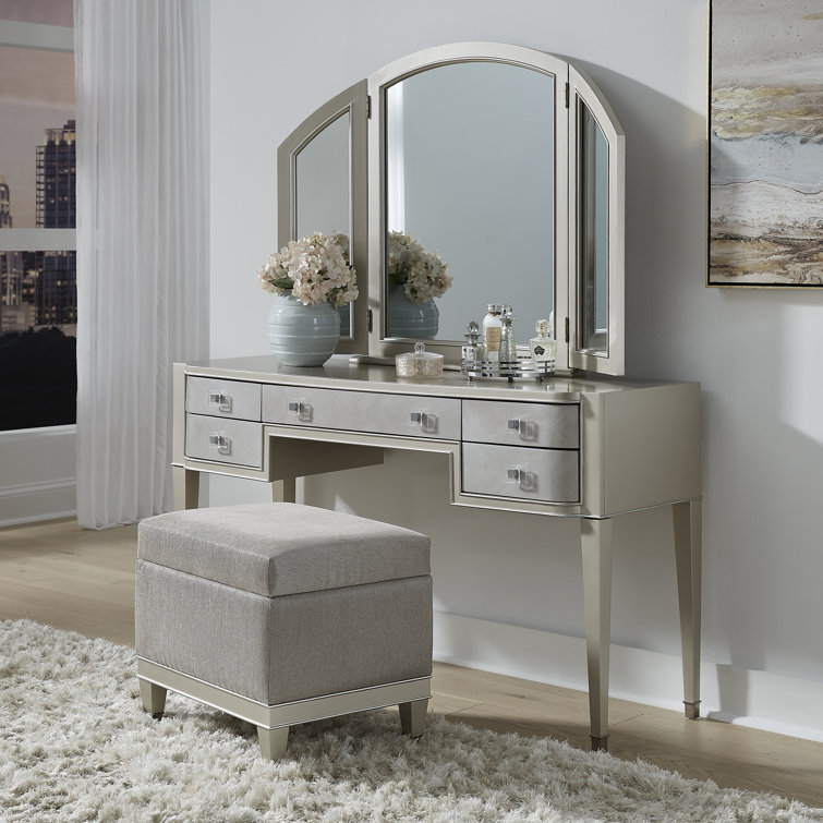 Zoey Silver Tri-Fold Vanity Mirror with Champagne Finish