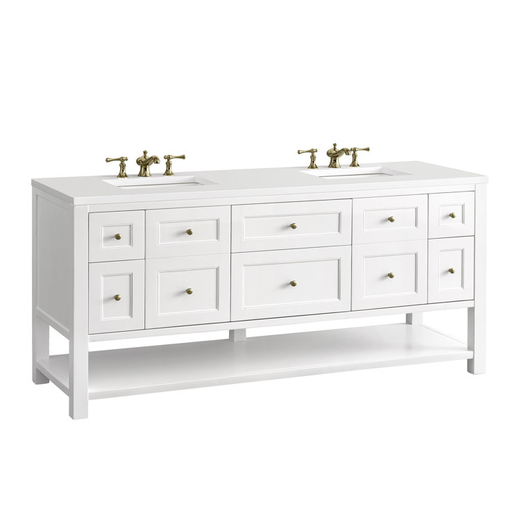 Bright White Solid Wood Double Vanity with Brass Knobs