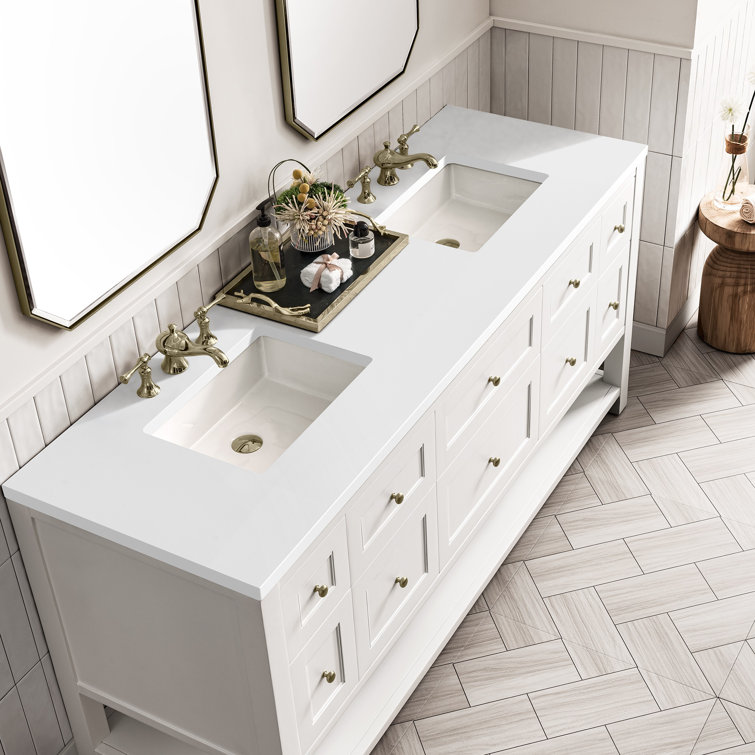 Bright White Solid Wood Double Vanity with Brass Knobs