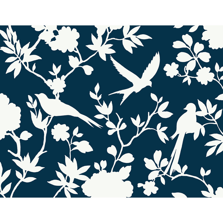 Denim Blue Kauai Bird Toile Embossed Vinyl Wallpaper Roll