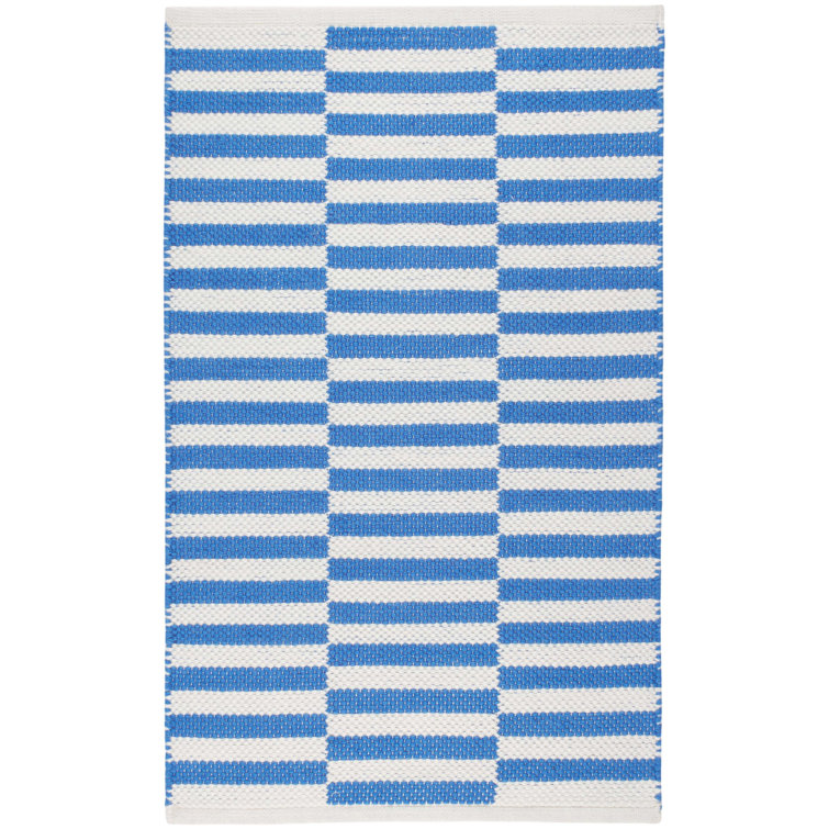2' x 3' Blue and White Striped Cotton Synthetic Rug