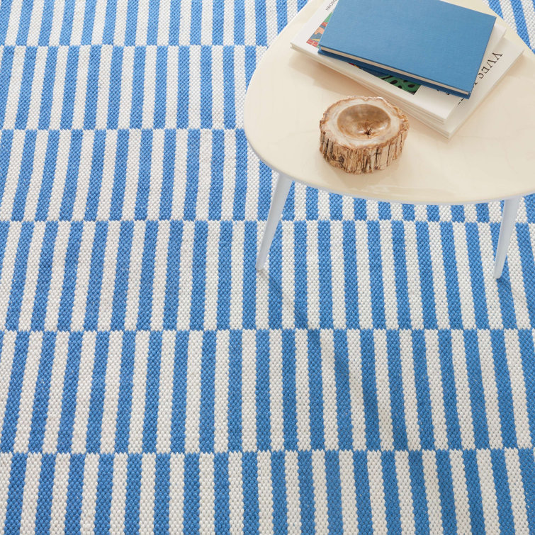 2' x 3' Blue and White Striped Cotton Synthetic Rug
