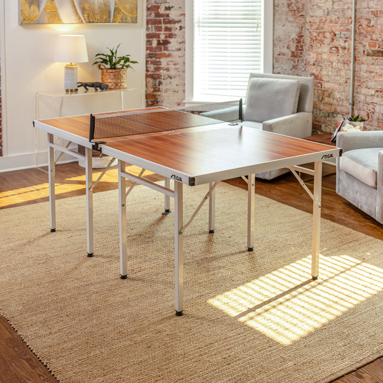 Compact Woodgrain Indoor Ping Pong Table with Folding Design and Net