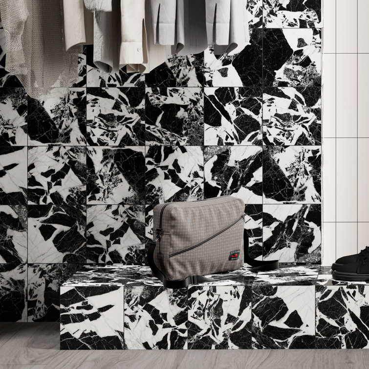 Senzia 8" x 8" Black and White Marble-Look Porcelain Tile