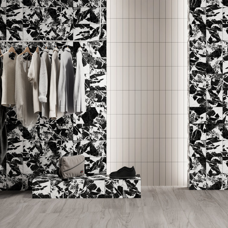 Senzia 8" x 8" Black and White Marble-Look Porcelain Tile