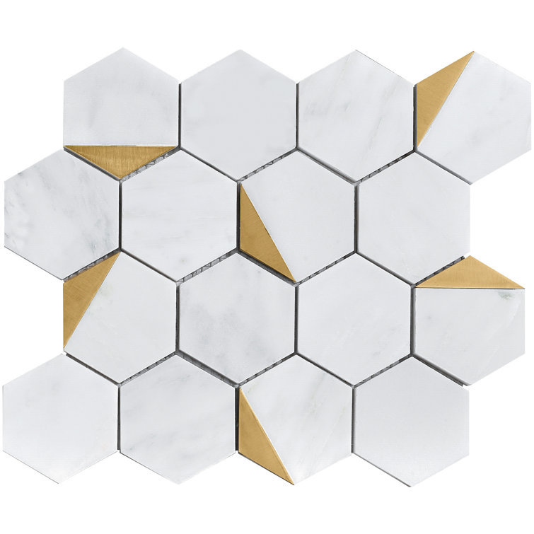 White and Gold Hexagon Marble Mosaic Wall Tile