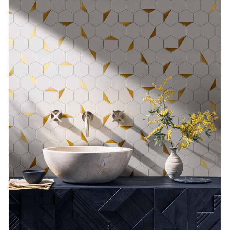 White and Gold Hexagon Marble Mosaic Wall Tile