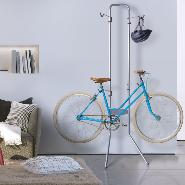 Silver Steel Adjustable Indoor Bike Storage Rack with Helmet Hooks