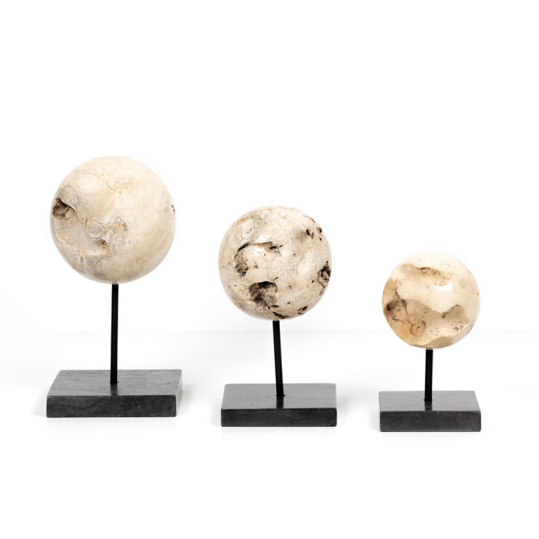 Set of Three Beige Travertine and Black Iron Sculptures