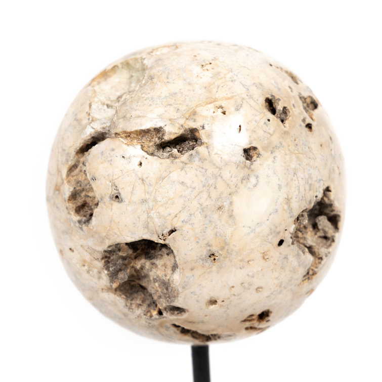 Set of Three Beige Travertine and Black Iron Sculptures