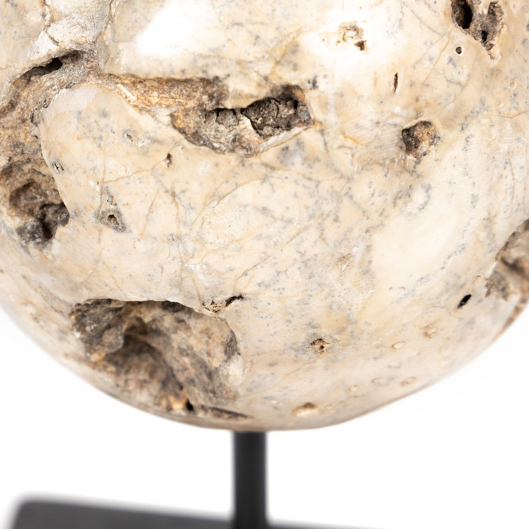 Set of Three Beige Travertine and Black Iron Sculptures