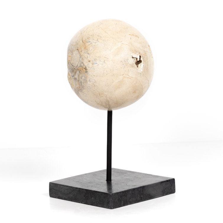 Set of Three Beige Travertine and Black Iron Sculptures