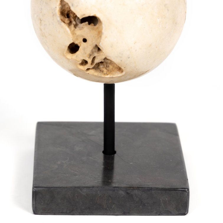 Set of Three Beige Travertine and Black Iron Sculptures