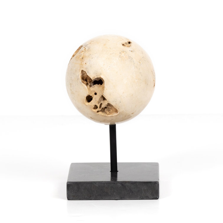 Set of Three Beige Travertine and Black Iron Sculptures