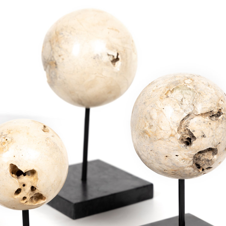 Set of Three Beige Travertine and Black Iron Sculptures