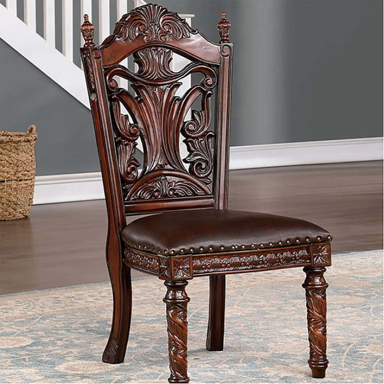 Traditional Brown Cherry Wood Upholstered Side Chair with Carved Details