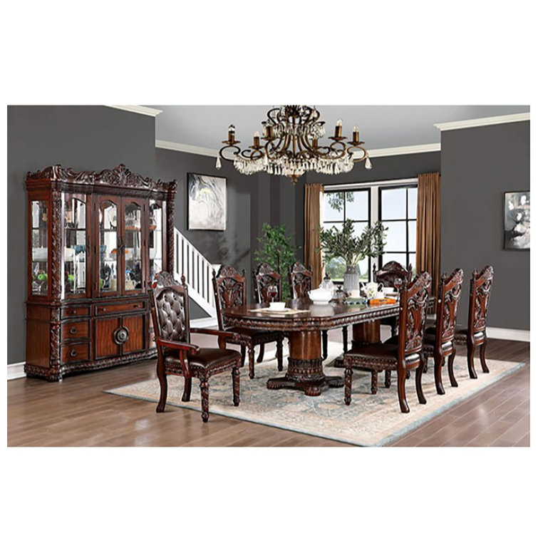 Traditional Brown Cherry Wood Upholstered Side Chair with Carved Details
