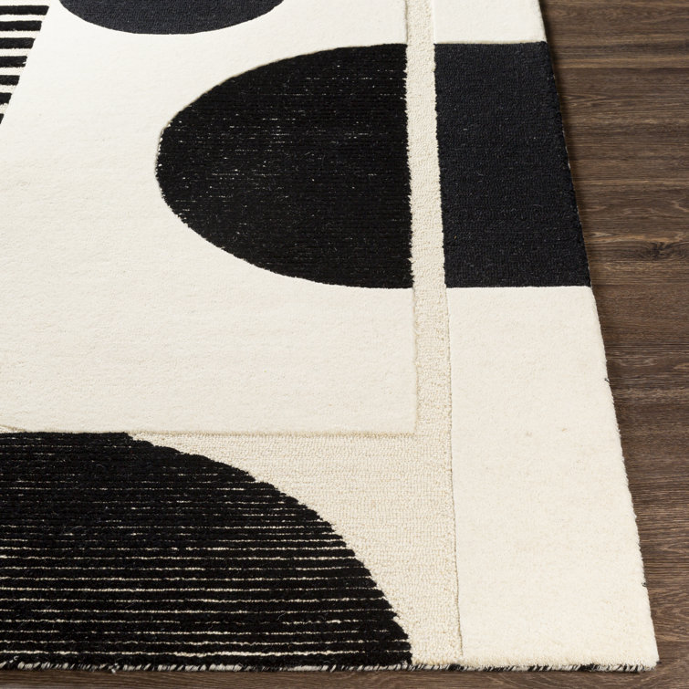 Mid-Century Modern Black and Cream Hand-Tufted Wool Area Rug 8'10"x12'