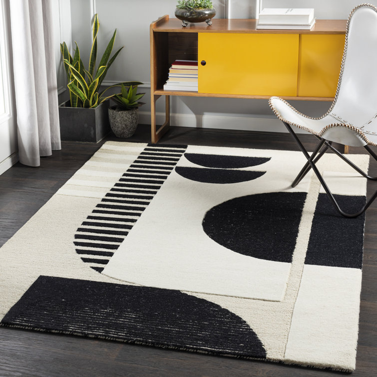 Mid-Century Modern Black and Cream Hand-Tufted Wool Area Rug 8'10"x12'
