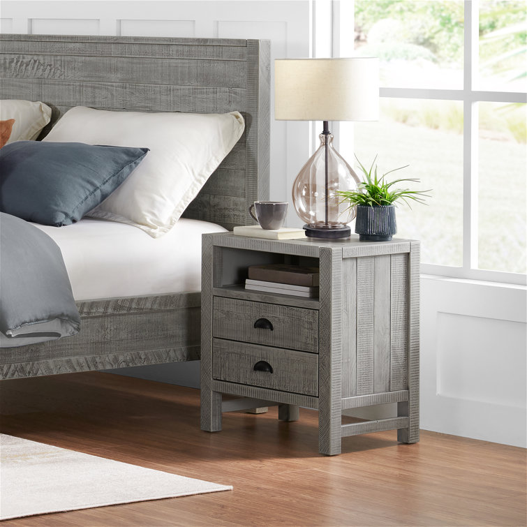 Arden Driftwood Gray 2-Drawer Pine Wood Nightstand with Open Shelf